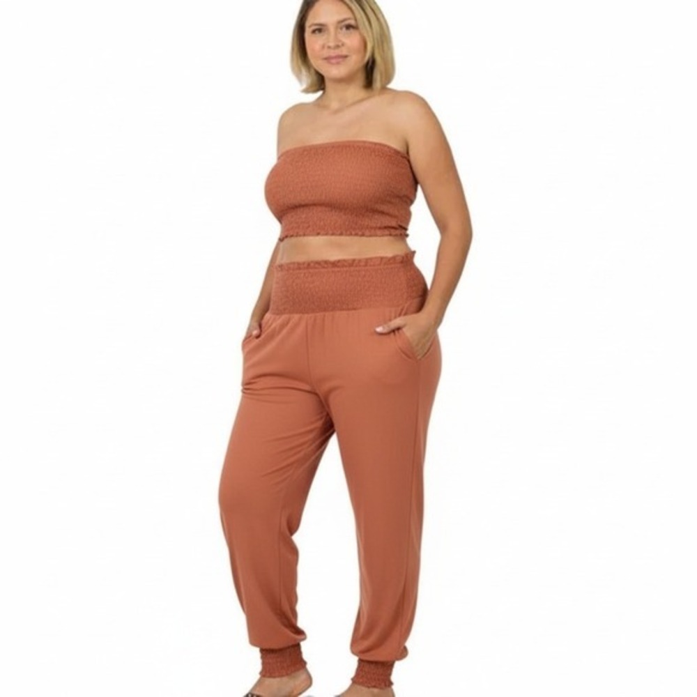 ZENANA Smocked 2 Piece Loungewear Set Top and Pants Tera Cotta 3XL NWT